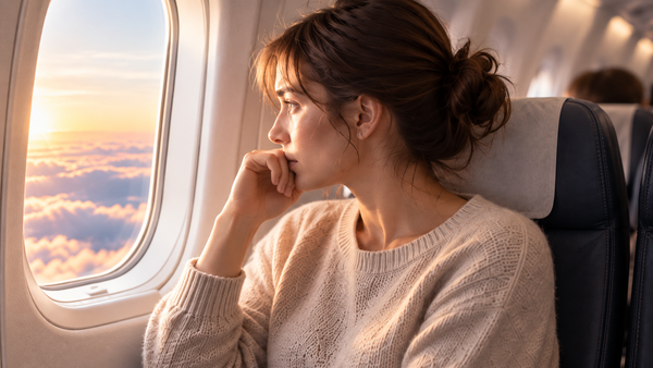 Nachdenkliche Frau sitzt am Fensterplatz im Flugzeug und blickt auf die Wolken