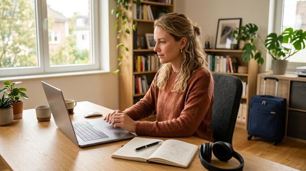 Frau bereitet sich zu Hause am Laptop auf eine bevorstehende Flugreise vor