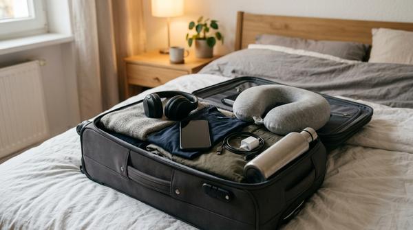 Geöffneter Handgepäckkoffer mit Kleidung, Kopfhörern und Reiseutensilien auf einem Bett
