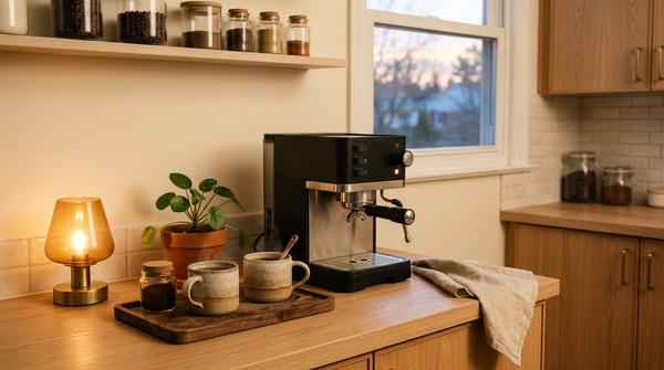 Gemütliche Kaffeebar mit Keramiktassen, Holz und warmem Licht