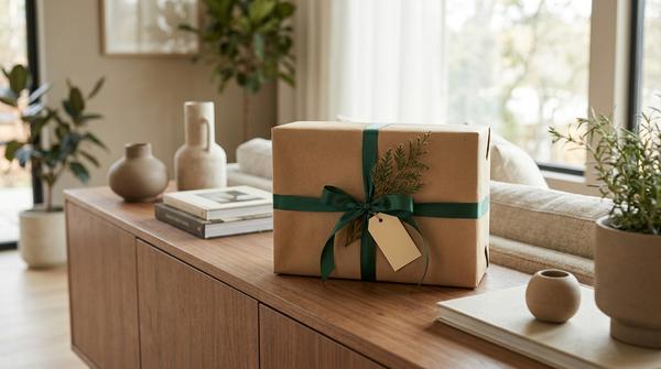 Schlicht verpacktes Geschenk aus Kraftpapier mit dunkelgrünem Satinband