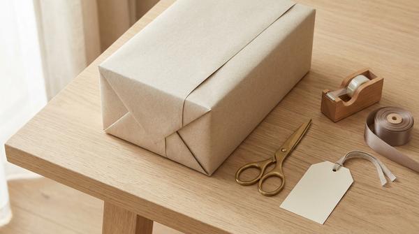 Rechteckiges Geschenk mit sauber gefaltetem Geschenkpapier und Einpackmaterial auf einem Tisch
