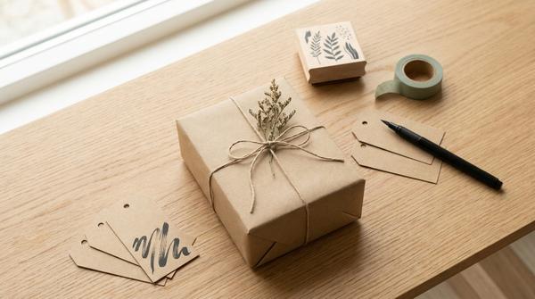 Kraftpapier-Geschenk mit Anhängern, Stempel, Washi-Tape und Brushpen