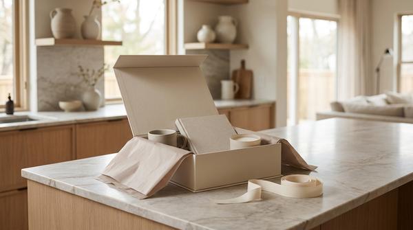 Offene Geschenkbox mit Seidenpapier und mehreren kleinen Geschenken