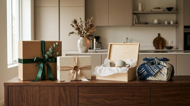 Stilvoll arrangierte Geschenkverpackungen mit Kraftpapier, Stoff, Bändern und Geschenkbox in moderner Wohnszene