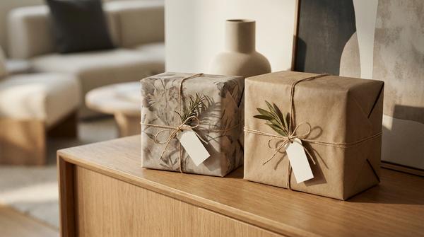 Kreativ verpackte Geschenke aus Restpapier mit Schnur und kleinen Naturmaterialien