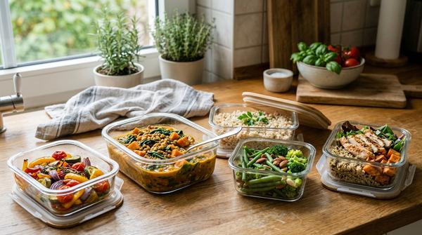 Vorbereitete Meal-Prep-Mahlzeiten in transparenten Glas-Frischhaltedosen auf einer Küchenarbeitsplatte