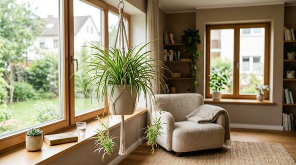 Grünlilie mit langen Blättern und Ablegern in einer modernen Pflanzenampel