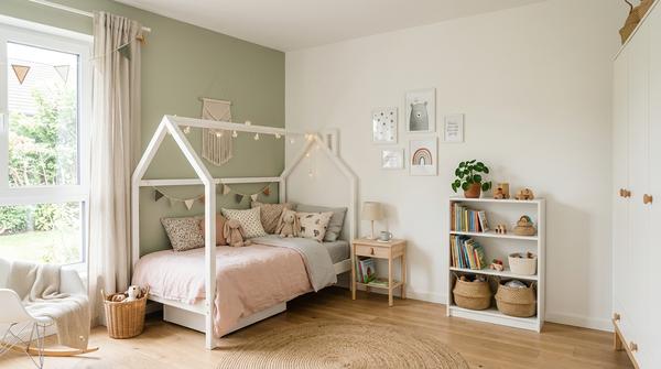 Mädchenzimmer mit heller Wandgestaltung und einem ruhigen farblichen Akzent