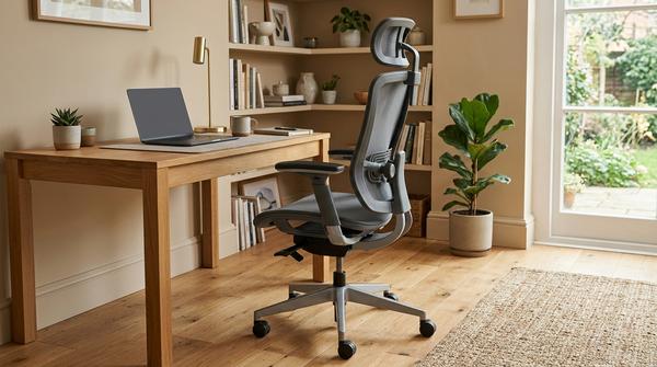 Moderner verstellbarer Bürostuhl an einem funktionalen Homeoffice-Arbeitsplatz