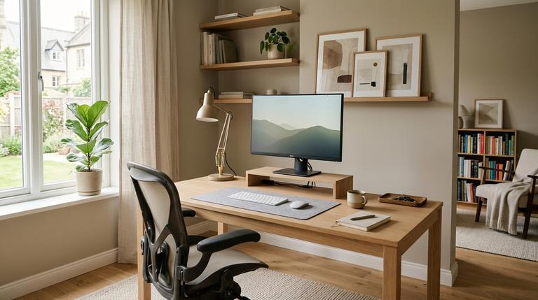 Modernes Homeoffice mit Schreibtisch, Bürostuhl, Monitor, Tageslicht und wohnlicher Einrichtung
