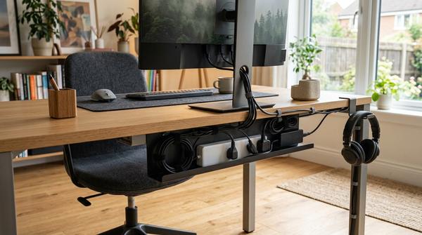 Aufgeräumter Homeoffice-Schreibtisch mit versteckter Steckdosenleiste und sauber geführten Kabeln