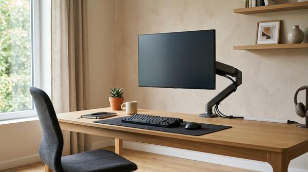 Homeoffice mit ergonomisch positioniertem Monitor, Tastatur und Maus
