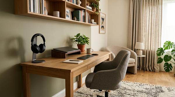 Ruhiges Homeoffice mit Teppich, Vorhängen, Regal und Noise-Cancelling-Kopfhörern