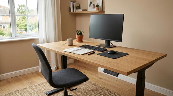 Homeoffice mit ausreichend tiefem Schreibtisch und freier Arbeitsfläche