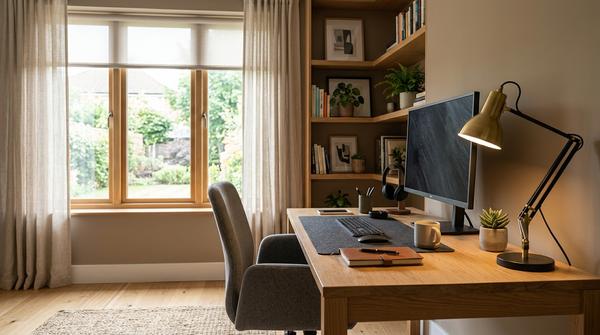 Homeoffice-Arbeitsplatz mit seitlichem Tageslicht und zusätzlicher Schreibtischlampe