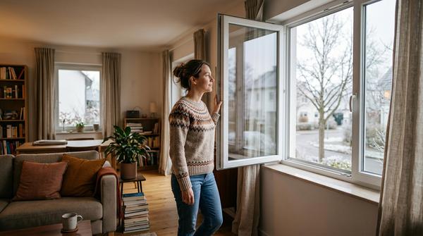 Person beim Stoßlüften in einem modernen Wohnraum im Winter