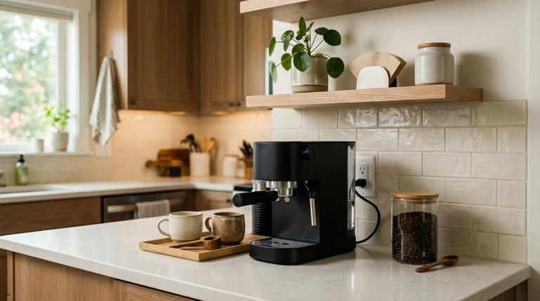 Gemütlich eingerichtete Kaffeebar mit Kaffeemaschine, Tassen und Wandregal in der Küche