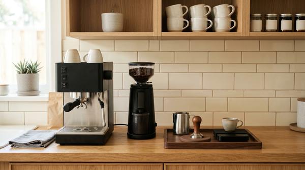 Organisierte Kaffeebar mit Siebträgermaschine, Kaffeemühle und Zubehör