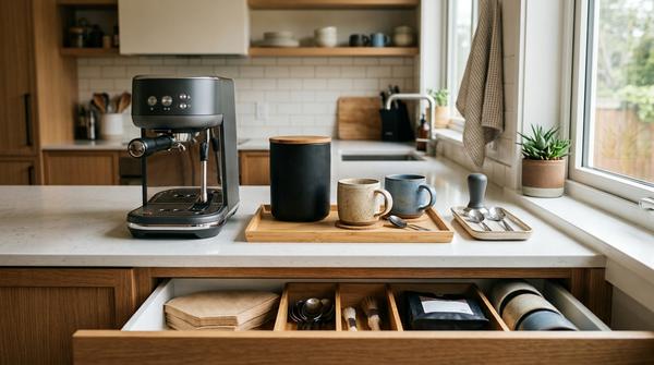 Ordentliche Kaffeebar mit Kaffeemaschine, Tassen und praktischer Aufbewahrung
