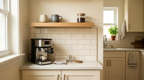Kleine Kaffeebar mit Kaffeemaschine und Wandregal für Tassen und Kaffee