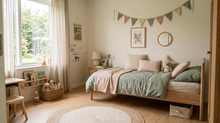 Helles skandinavisches Mädchenzimmer mit Bett, Teppich und ruhiger Dekoration