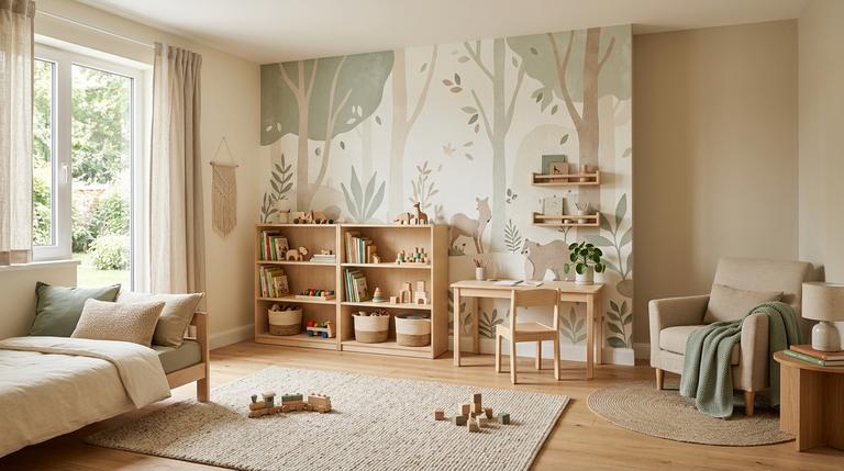 Modernes Kinderzimmer mit Naturtönen, niedrigen Möbeln, Leseecke und persönlicher Wandgestaltung