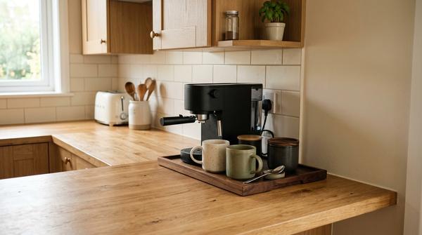 Kleine Kaffee-Ecke mit Kaffeemaschine und Tassen auf einer Küchenarbeitsplatte