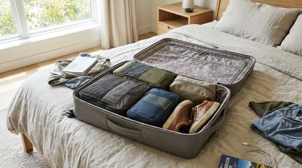 Geöffneter Reisekoffer mit ordentlich gepackten Packing Cubes und Kleidung