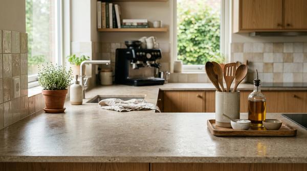 Freie moderne Küchenarbeitsplatte mit kleinem Tablett und wenigen häufig genutzten Küchenutensilien