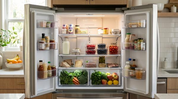 Geöffneter moderner Kühlschrank mit wenigen transparenten Organizer-Boxen und übersichtlich gelagerten Lebensmitteln