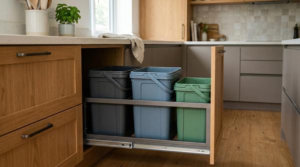 Moderner Küchenschrank mit sauberem Mülltrennsystem und mehreren herausnehmbaren Behältern