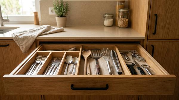 Geöffnete moderne Küchenschublade mit ordentlich getrenntem Besteck und Kochhelfern