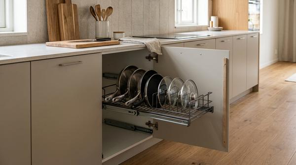 Geöffneter Küchenunterschrank mit nach vorne ausgezogenem Organizer für Pfannen und Deckel