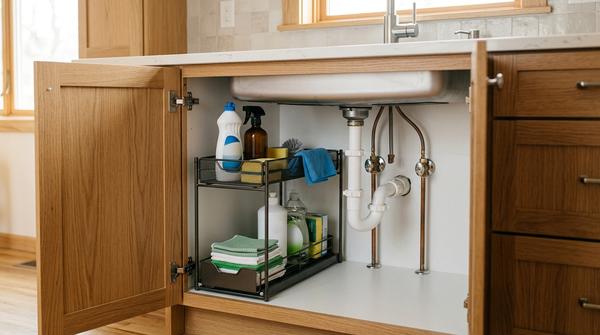 Moderner Spülenschrank mit übersichtlich organisiertem Spül- und Reinigungszubehör
