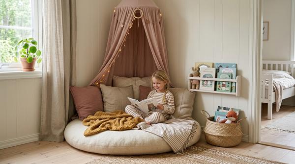 Gemütliche Leseecke mit Kissen und Büchern in einem skandinavischen Mädchenzimmer