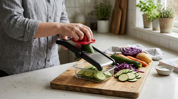 Mandoline mit Fingerschutz und gleichmäßig geschnittenem Gemüse für Meal Prep