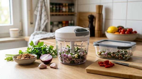Manueller Zerkleinerer mit Kräutern, Zwiebeln und Gemüse für Meal Prep