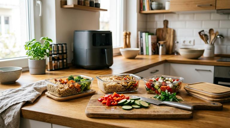 Vorbereitete Meal-Prep-Mahlzeiten mit praktischen Küchenhelfern in einer modernen Küche