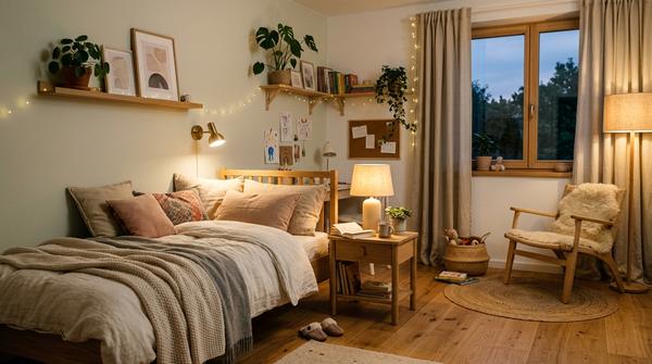 Gemütlich beleuchtetes Mädchenzimmer mit mehreren Lichtquellen
