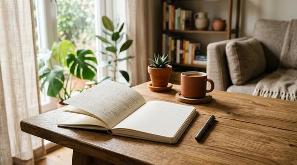 Offenes Notizbuch mit wenigen unleserlichen Notizen und Stift auf einem ruhigen modernen Tisch