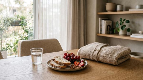 Glas Wasser und einfacher Snack auf einem modernen ruhigen Tisch als kleine Selfcare-Pause