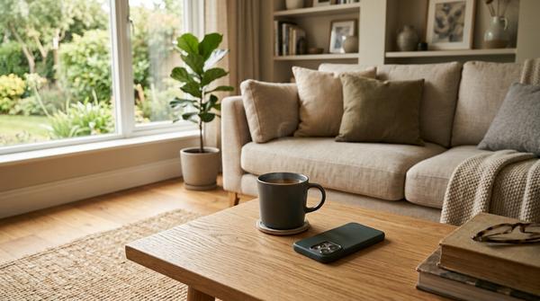 Umgedrehtes Smartphone auf einem ruhigen modernen Tisch neben einer Tasse und natürlichem Licht