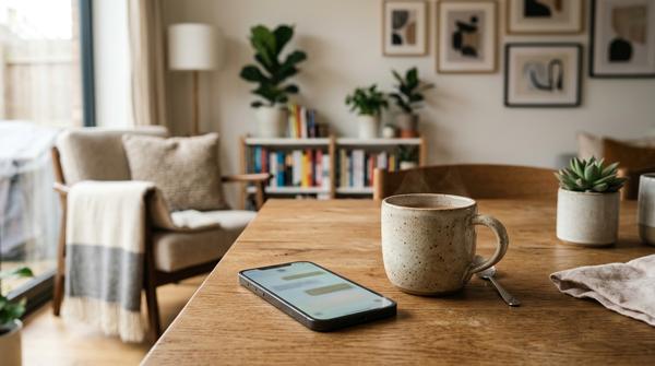 Smartphone neben einer Tasse in einer modernen ruhigen Wohnszene als Symbol für eine kurze Nachricht an eine vertraute Person