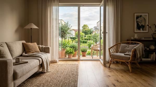 Geöffnete Balkontür oder Fenster in einer modernen ruhigen Wohnszene als Symbol für eine kurze Bewegungspause