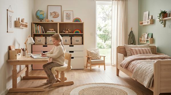 Praktischer Schreibtischbereich in einem skandinavischen Mädchenzimmer