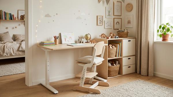 Kinderzimmer mit höhenverstellbarem Schreibtisch und flexiblen Möbeln