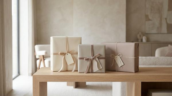 Mehrere monochrom verpackte Geschenke in Creme, Beige und Greige