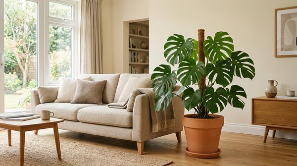 Große Monstera mit charakteristisch eingeschnittenen Blättern neben einem Sofa