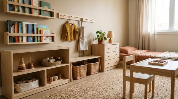 Montessori-inspiriertes Kinderzimmer mit niedrigen Regalen und erreichbarer Aufbewahrung